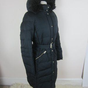 Zara Women's L Black Down Knee Length Puffer Jacket Faux Fur Hood and Belt